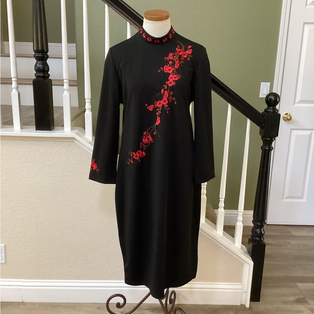 New Elegant Black Dress with Red Floral Embroidery